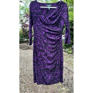 LAUREN by Ralph Lauren Eggplant Purple Moc Wrap Dress Size‎ 6 S M 3/4 Sleeve EUC